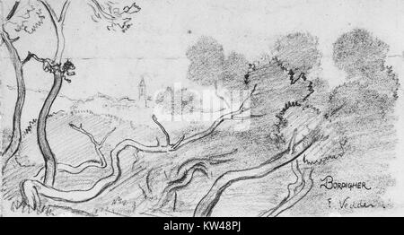 Questo dipinto paesaggistico di Bordighera, caratterizzato da una chiesa lontana, riflette la serena bellezza della città costiera italiana. L'opera cattura sia l'ambiente naturale che gli elementi architettonici della regione. Foto Stock