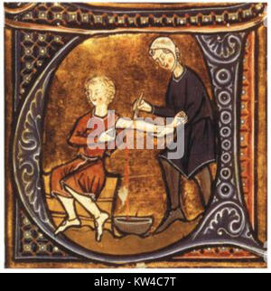 Questa immagine raffigura la pratica del salasso, una procedura medica storica in cui il sangue è stato rimosso dai pazienti per curare vari disturbi. La pratica era ampiamente usata, ma da allora è stata screditata. Foto Stock