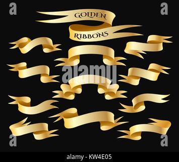 Set di golden ribbon isolati su sfondo nero. Golden Banner collezione. Holiday stickers ed elementi di design. Illustrazione Vettoriale. Illustrazione Vettoriale