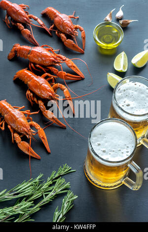 Gamberi bolliti con due boccali di birra Foto Stock