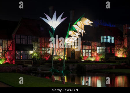 Le luci di Natale e illuminato di decorazioni di fiori al di fuori del laboratorio di costruzione. RHS Wisley Gardens, Surrey, Inghilterra. Natale Glow Festival 2017 Foto Stock