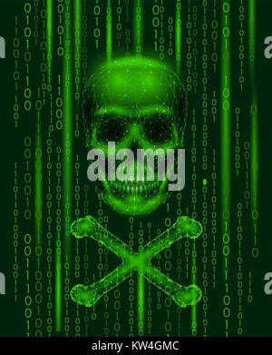 Jolly Roger cranio codice binario i numeri. La pirateria Hacker computer online avviso di attacco. Scary hacking avvertenza di sicurezza per la protezione dei dati. Bassa poli triangolo poligonale linea 3D render illustrazione vettoriale Illustrazione Vettoriale