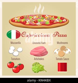 Pizza capricciosa. Cucina Italiana pizza preparata con mozzarella e italiano di prosciutto cotto, fungo, carciofo e pomodoro, illustrazione vettoriale Illustrazione Vettoriale