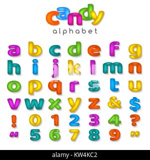 Candy alfabeto a colori. I ragazzi di font con divertente fumetto lettere e bolla di numeri di dolce isolato su sfondo bianco, illustrazione vettoriale Illustrazione Vettoriale
