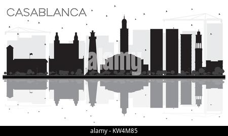Casablanca in Marocco dello skyline della città in bianco e nero con silhouette riflessioni. Illustrazione Vettoriale. Business travel concept. Casablanca Cityscape Illustrazione Vettoriale