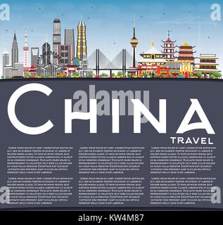 Cina skyline della città con copia spazio. I luoghi famosi della Cina. Illustrazione Vettoriale. Viaggi di affari e turismo Concept. Immagine per la presentazione Illustrazione Vettoriale