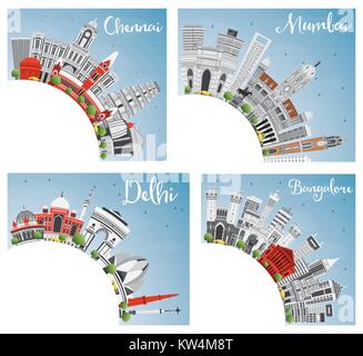 Chennai, Mumbai, Nuova Delhi e Bangalore skyline della città con i punti di riferimento di colore grigio, blu cielo e spazio di copia. Illustrazione Vettoriale. Viaggi e Turismo Illustrazione Vettoriale
