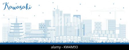 Delineare Kawasaki Giappone skyline della città con edifici di colore blu. Illustrazione Vettoriale. Viaggi di affari e di turismo con il concetto di architettura storica. Kawasaki Illustrazione Vettoriale