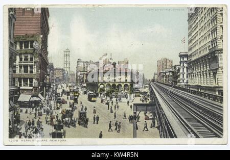 Scena di strada con traffico pedonale ed elevato a binario ferroviario, Herald Square, New York City, Stati Uniti d'America, 1914. Dalla Biblioteca Pubblica di New York. () Foto Stock