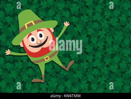 Felice Leprechaun sul trifoglio Illustrazione Vettoriale