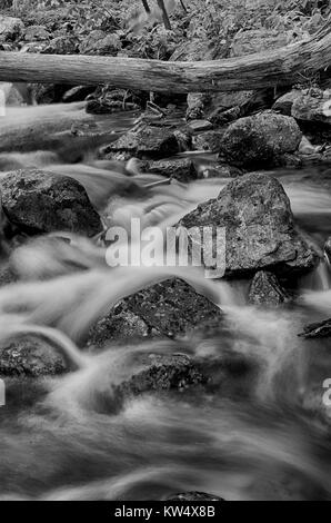 In bianco e nero lunga esposizione di una montagna sopra del flusso di esecuzione complessivo rientra nel Parco Nazionale di Shenandoah, Virginia. Foto Stock