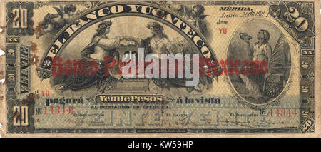 Billete de 20 pesos del Banco Yucateco (Reselllo del Banco Peninsular Mexicano)(anverso) Foto Stock