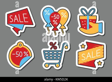 Stagione icona vendita di adesivi. Gioco stile piatto colore. Un badge web banner, business, emblema, stampa, tag, annuncio, etichetta, poster gift card offrono i coupon Illustrazione Vettoriale