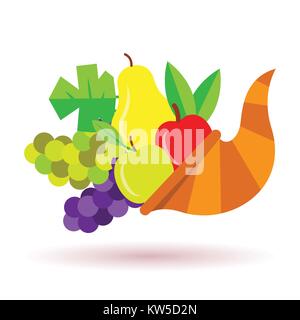 Colorato pera, mela, uva in Cornucopia icona con ombra. Simbolo di ringraziamento design piatto. Corno dell'abbondanza di segno logo a colori, stampa carta etichetta, grafico Illustrazione Vettoriale