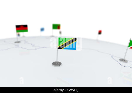 Tanzania bandiera. Bandiera del paese con chrome pennone sulla mappa del mondo con i vicini paesi di frontiere. 3d illustrazione bandiera di rendering Foto Stock