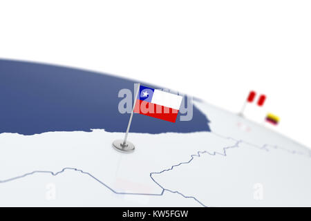 Bandiera del Cile. Bandiera del paese con chrome pennone sulla mappa del mondo con i vicini paesi di frontiere. 3d illustrazione bandiera di rendering Foto Stock