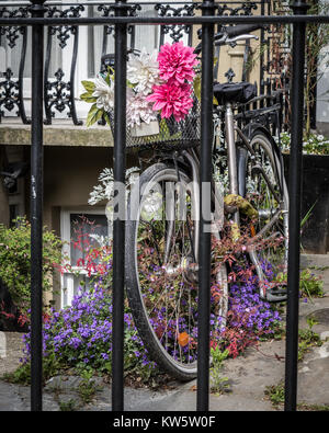 Vecchia bicicletta con cesto di fiori in un giardino a Notting Hill, Londra Foto Stock