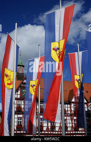 BAD URACH, Germania - circa agosto 2015 case e bandiere sulla Marktplatz square Foto Stock