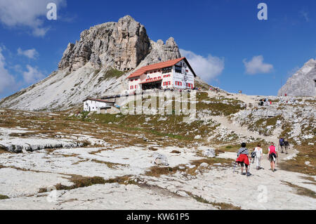 Le Dolomiti Tre Merli capanna, Dolomiten Drei Zinnen Huette Foto Stock