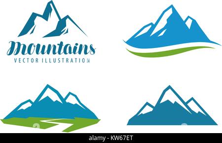 Montagne, rocce logo o etichetta. Alpinismo, arrampicata, alpinismo icona. Illustrazione Vettoriale Illustrazione Vettoriale