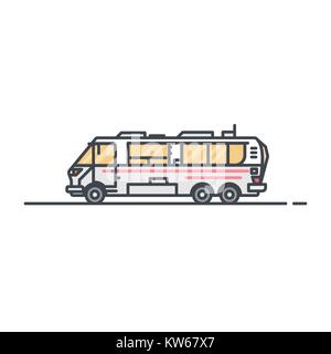 Grandi caravan o camper motorhome. Sei ruote, grandi finestre auto. Famiglia road trip concetto. Viaggiare sul veicolo su strada. Linea trendy in stile retrò illu Illustrazione Vettoriale