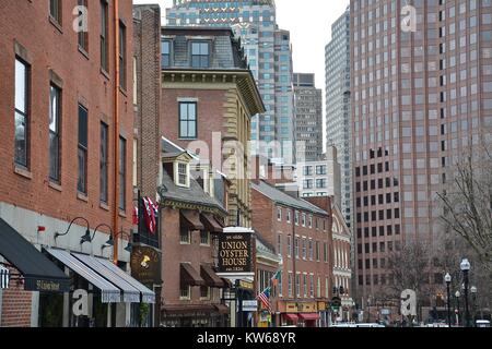 Boston's Haymarket quartiere in inverno prima di qualsiasi caduta di neve, Massachusetts, STATI UNITI D'AMERICA Foto Stock