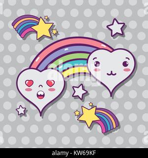 Kawaii cuori con arcobaleno e stelle design illustrazione vettoriale Illustrazione Vettoriale