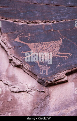 Famoso Anasazi scolpite incisioni rupestri che rappresentano due animali - Monument Valley Navajo Tribal Park, Arizona-Utah, STATI UNITI D'AMERICA. Foto Stock