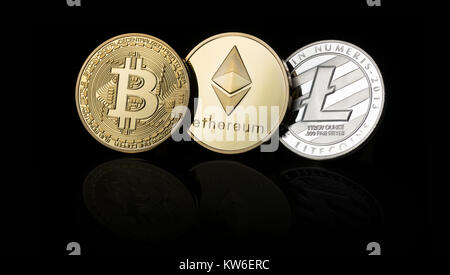 Bitcoin, Ethereum, Litecoin criptovaluta, moneta digitale Foto Stock