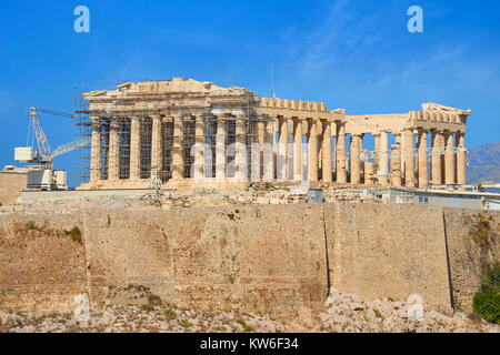 Vista al Partenone Acropoli di Atene, Grecia Foto Stock