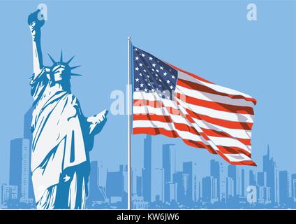 America iconica - USA il simbolo del turismo - La Statua della Libertà e noi bandiera in background della città Illustrazione Vettoriale