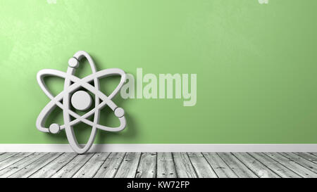 Atomo di bianco forma del simbolo sul pavimento di legno contro la parete verde con Copyspace 3D illustrazione Foto Stock