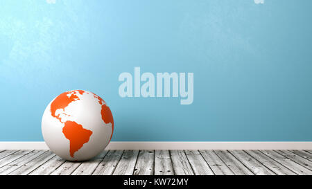 Arancione e bianco globo terrestre su pavimento di legno contro la parete blu con Copyspace 3D illustrazione Foto Stock