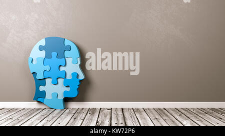 Blu Puzzle umano Forma testa su pavimento di legno contro il muro grigio con Copyspace 3D illustrazione Foto Stock