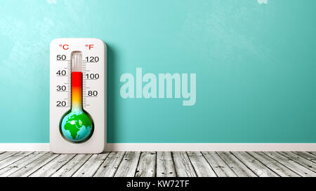 Messa a terra in forma di un termometro su pavimento di legno contro la parete blu con Copyspace 3D'illustrazione, il riscaldamento globale concetto Foto Stock