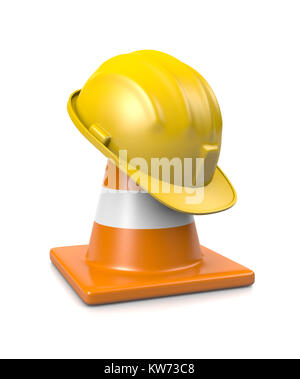 Casco giallo su un traffico di arancione cono isolato su sfondo bianco 3D illustrazione Foto Stock