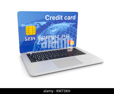 Computer portatile con una carta di credito invece di schermo 3D'illustrazione su bianco, servizio di pagamento online Concept Foto Stock