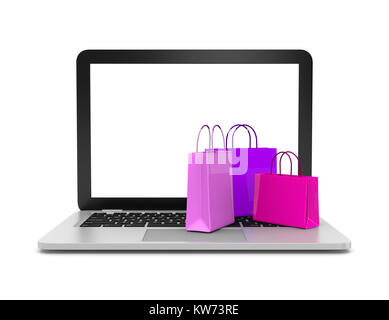 Borse per lo shopping collocata su un computer portatile tastiera su sfondo bianco 3D illustrazione Foto Stock