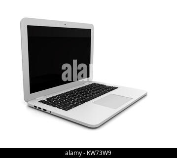 Computer portatile con schermata nera vuota su sfondo bianco 3D'illustrazione, vista laterale Foto Stock