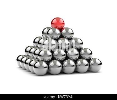 Piramide di sfere metalliche con uno rosso sulla parte superiore su sfondo bianco 3D illustrazione Foto Stock