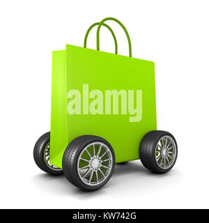 Green Shopping Bag con ruote su sfondo bianco 3D illustrazione Foto Stock