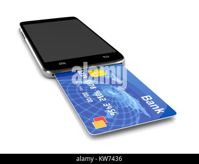 Lo smartphone come un lettore di carte bancarie 3D'illustrazione su bianco e di pagamento remoto concetto di servizio Foto Stock