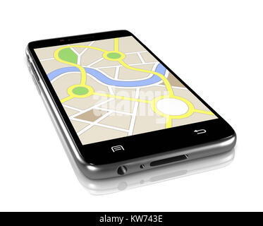 Smartphone che mostra un sistema di navigazione mappa 3D'illustrazione su sfondo bianco Foto Stock