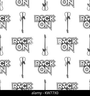 Chitarra Rock sfondo senza giunture. Musica vintage design pattern con chitarra retrò, tipografia segno. Magazzino isolato su bianco. Foto Stock