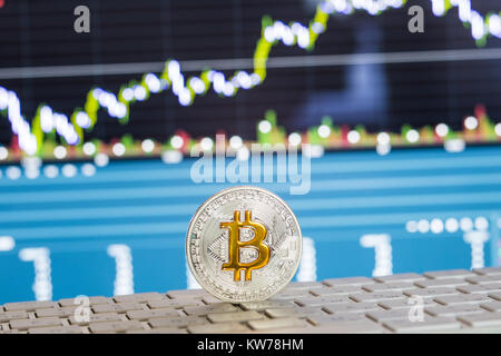 Bitcoins e nuovo denaro virtuale concetto.Gold bitcoins con candela stick diagramma grafico e sfondo digitale.medaglia d'oro con icona lettera B.Mining o blo Foto Stock