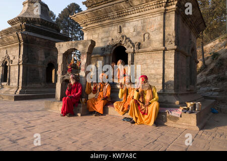 Sadhu santi uomini seduti per le foto al tempio di Pashupatinath a Kathmandu. Dopo aver denunciato il mondo materiale hanno ancora pagare una tassa per le foto. Foto Stock