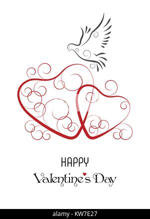 Buon San Valentino biglietto di auguri. Due cuori e colomba. Linea elegante design. Illustrazione Vettoriale. Illustrazione Vettoriale