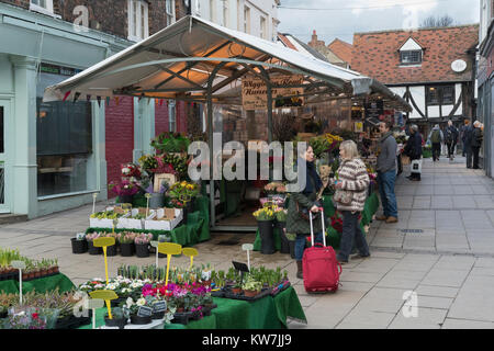 Centro di York con persone a camminare lungo la linea del caos bancarelle del mercato & trader maschio che serve un cliente presso il suo fiore - stallo Yorkshire, Inghilterra, Regno Unito. Foto Stock