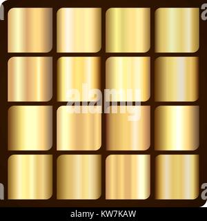 Set di 16 realistico gradiente oro trame metalliche. Illustrazione per la cornice, nastro, banner, coin e etichetta. Illustrazione Vettoriale