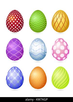 Set di nove fotorealistico vettore colorate le uova di pasqua con modelli molto semplici e di ombra isolata su uno sfondo bianco. Illustrazione Vettoriale